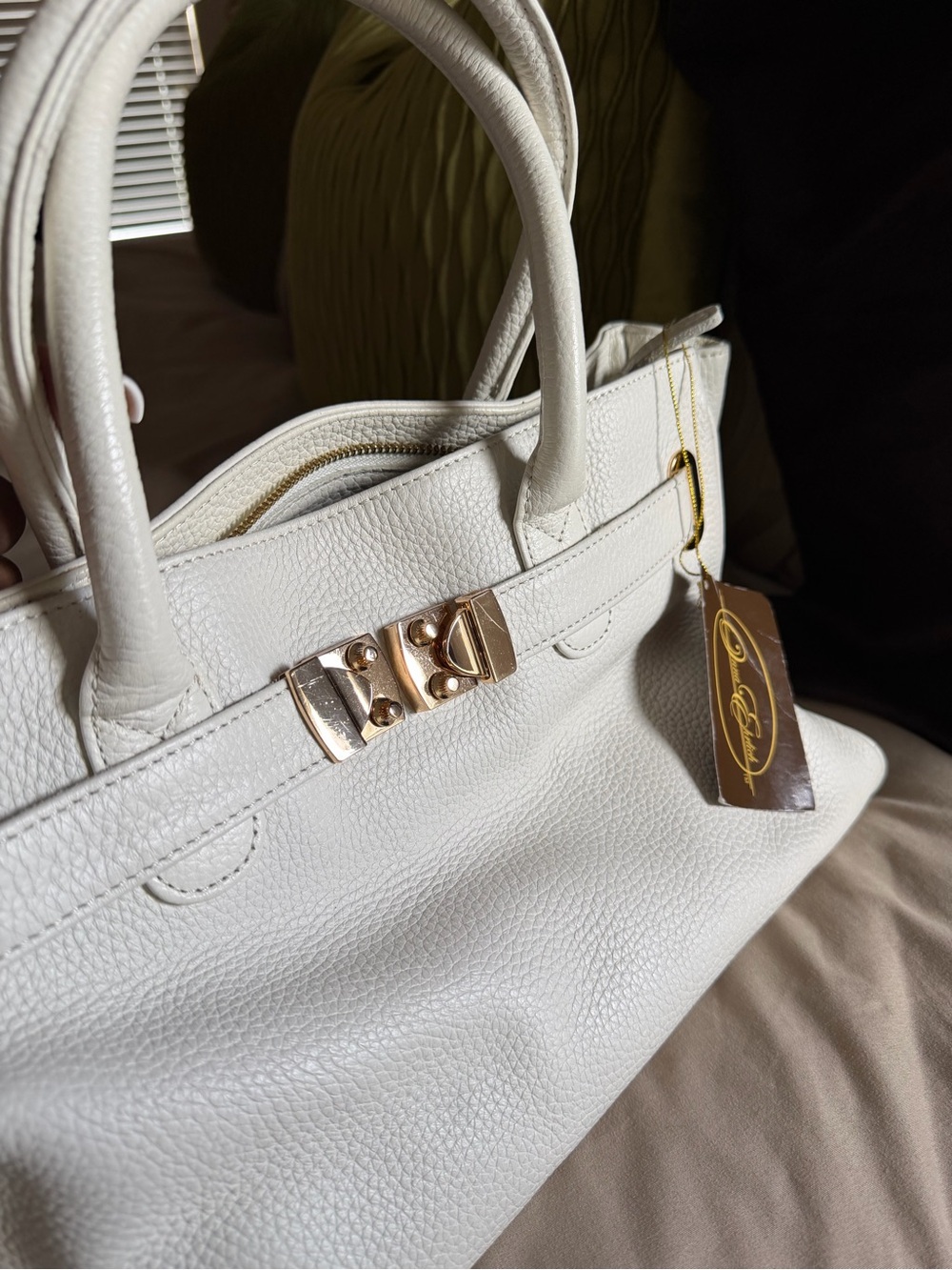 White Textured Leather Satchel with Rose Gold Hardware
